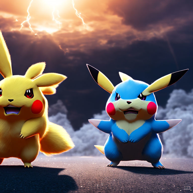 Electric-type Pikachu and Raichu in battle under stormy skies