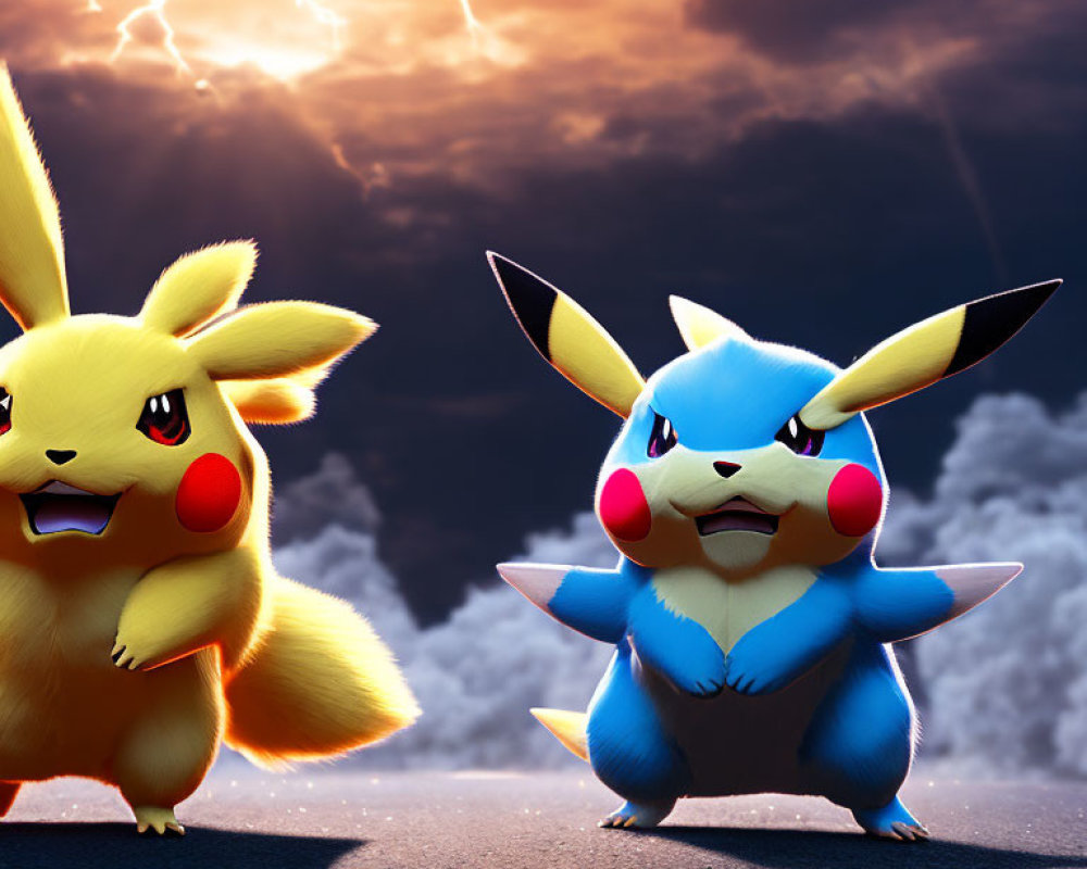 Electric-type Pikachu and Raichu in battle under stormy skies