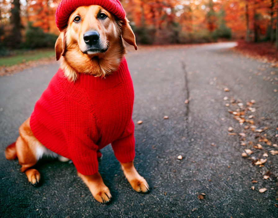 Dog in Red Sweater and Hat on Autumn Road with Fallen Leaves