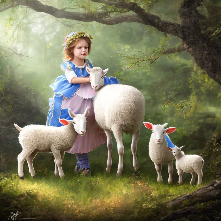 Young girl in blue and pink dress with lambs in forest clearing