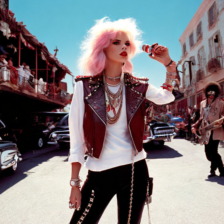 Person with Pink Hair and Edgy Fashion Poses on Sunny Street with Vintage Cars and Musician