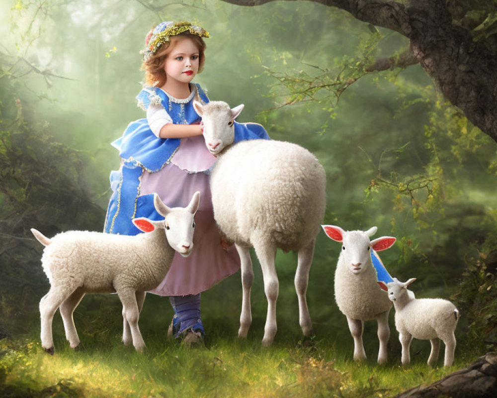 Young girl in blue and pink dress with lambs in forest clearing