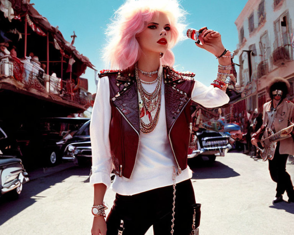 Person with Pink Hair and Edgy Fashion Poses on Sunny Street with Vintage Cars and Musician