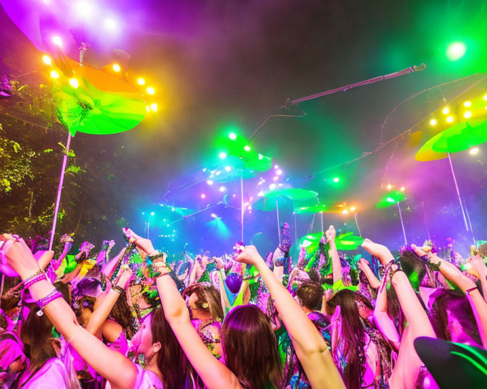 Colorful Night Music Festival with Dancing Crowd and Laser Beams