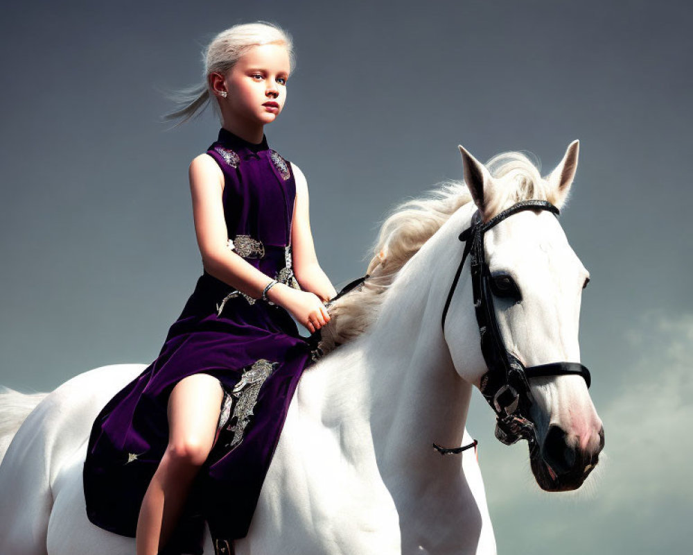 Blonde girl in purple dress rides white horse under blue sky