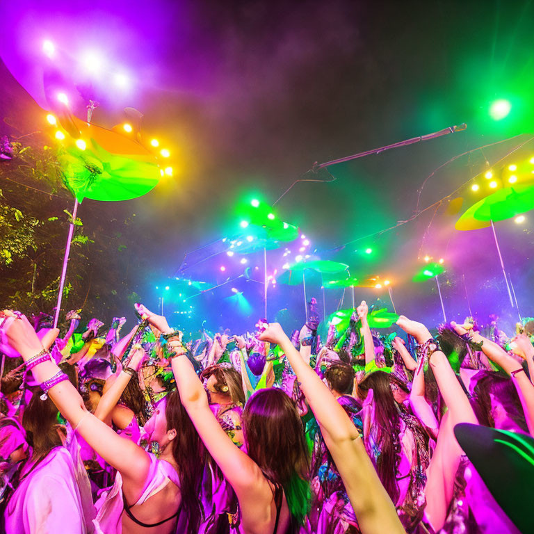 Colorful Night Music Festival with Dancing Crowd and Laser Beams