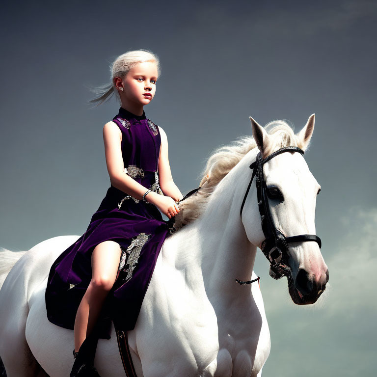 Blonde girl in purple dress rides white horse under blue sky