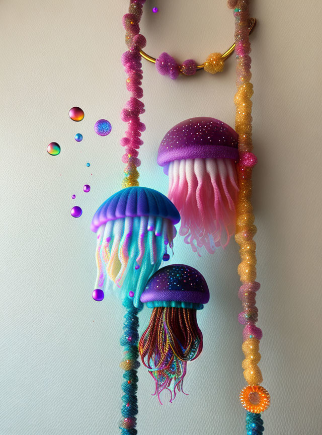 Vibrant jellyfish art with beaded textures on light background