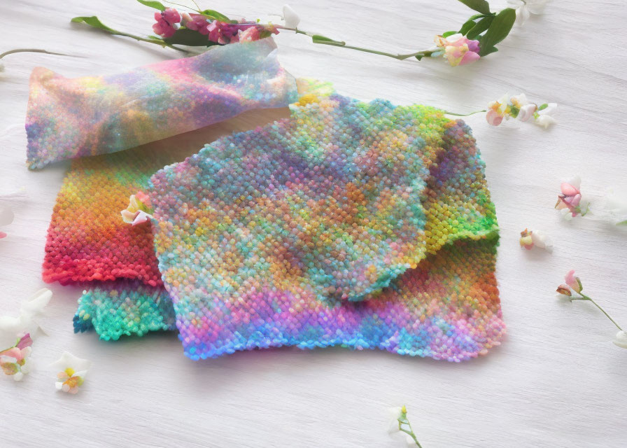 Colorful Knitted Fabric with Pastel Rainbow Pattern and Sparkly Fabric on White Surface