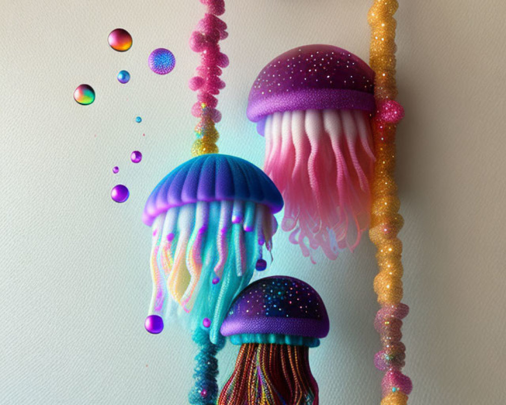 Vibrant jellyfish art with beaded textures on light background