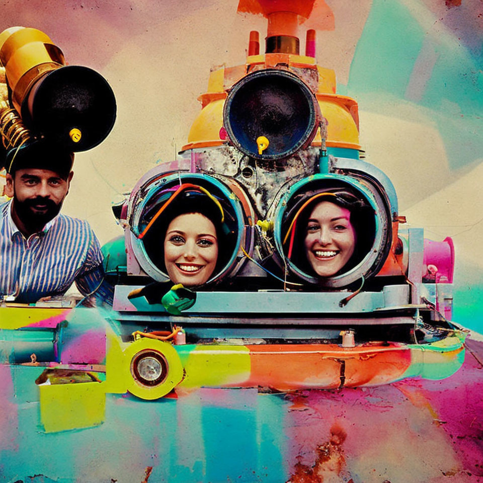 Three individuals in whimsical headgear inside a colorful submarine with periscope and tubes on vibrant backdrop