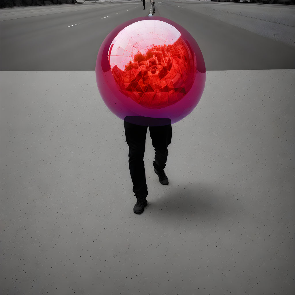 Person holding large translucent pink ball on road