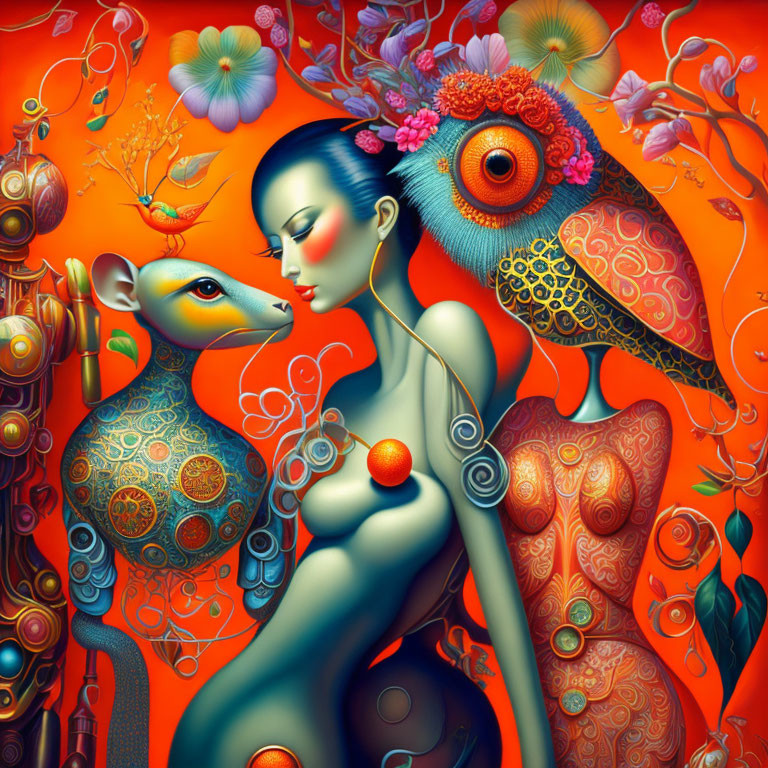 Surreal Artwork: Woman with Floral Patterns, Peacock, and Mechanical Elements