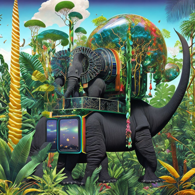 Futuristic glass-domed structure on elephant in lush jungle