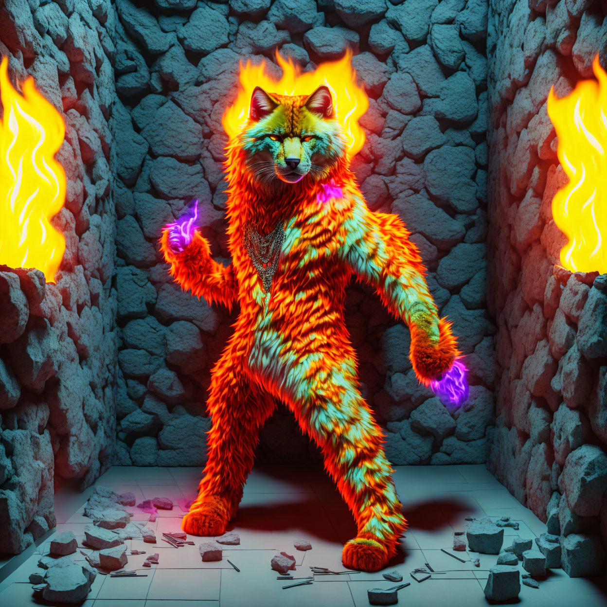 Fiery fox casting magic in stone dungeon