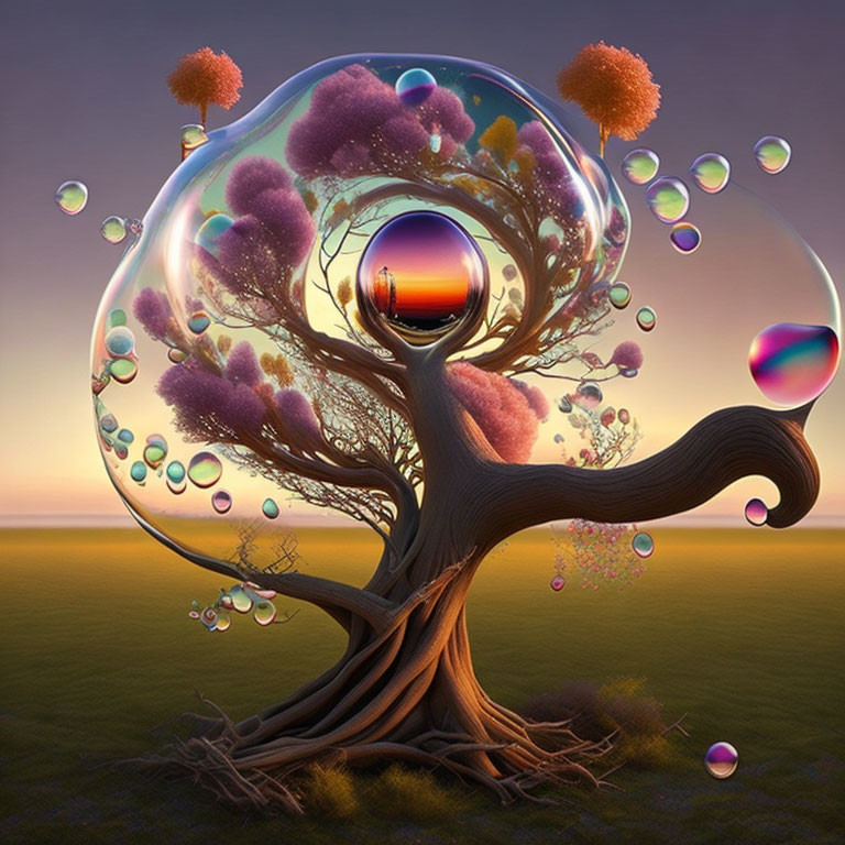 Whimsical tree with purple foliage in transparent bubbles at sunset
