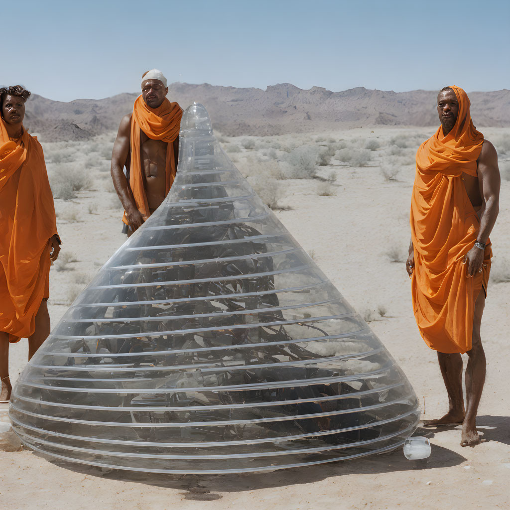 Three Men in Orange Robes with Transparent Cone Structure in Desert