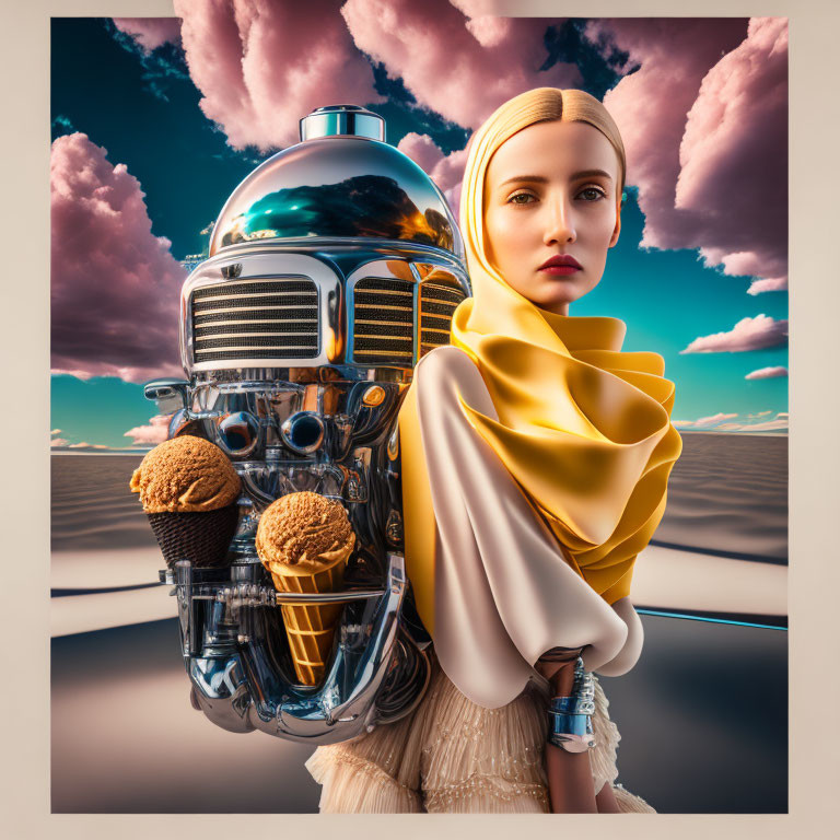 Surreal image: Woman's face merges with robotic ice cream machine, vibrant sky.