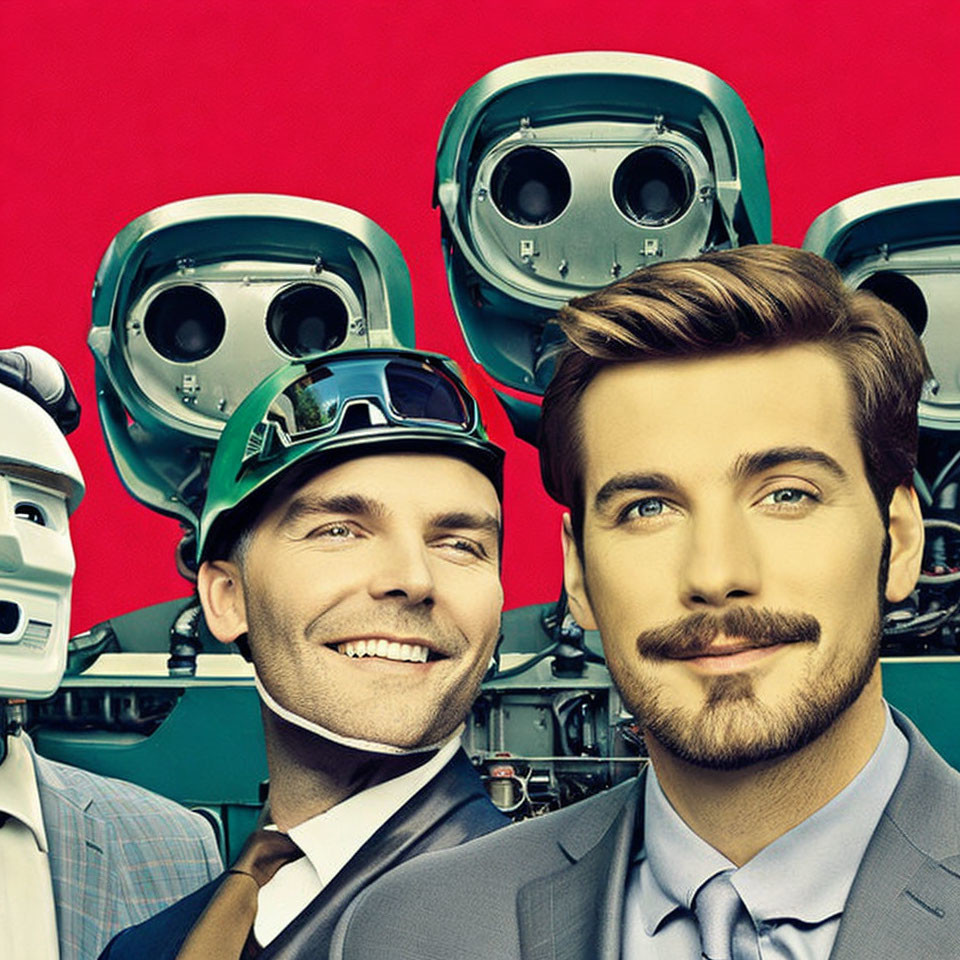 Smiling men in suits with aviation goggles and retro green robots on red background