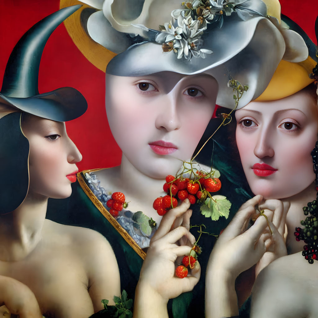 Surreal painting featuring three female figures with pale skin and botanical elements on a deep red background