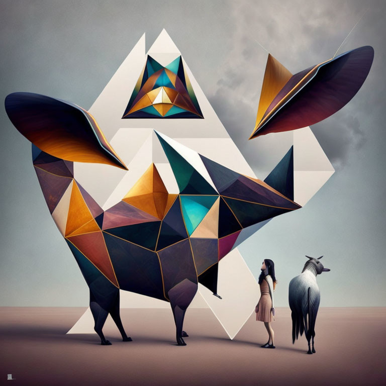 Surreal artwork: Woman and goat with geometric shapes and floating hats