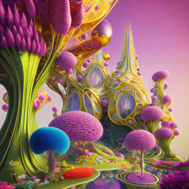 Colorful surreal landscape with whimsical structures and alien-like elements.