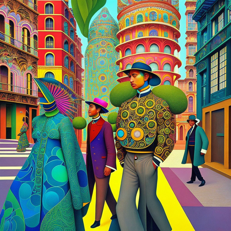 Colorful Cityscape with Elaborate People in Patterned Clothing