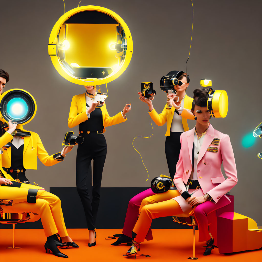 Vibrant individuals in colorful suits with lighting equipment on orange backdrop