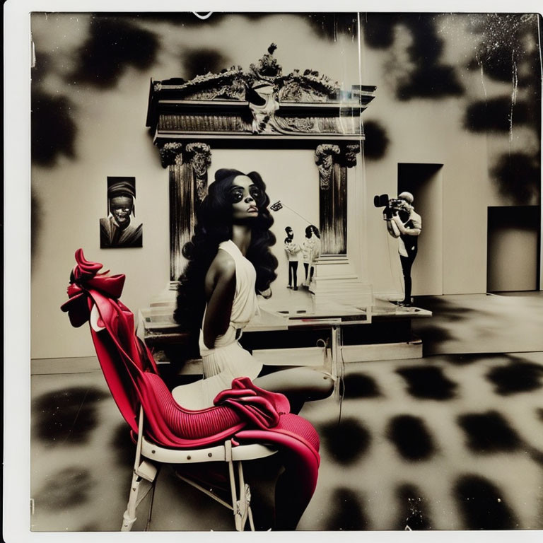 Woman sitting on chair with red ribbon structure in art gallery setting.