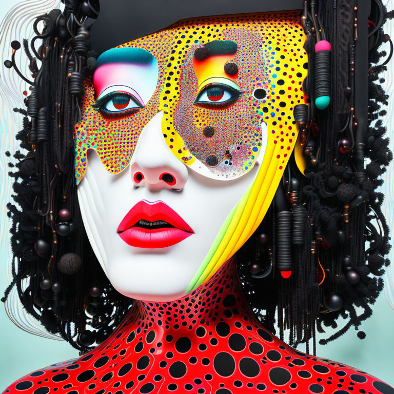 Vibrant surreal portrait of a female figure with polka-dotted skin