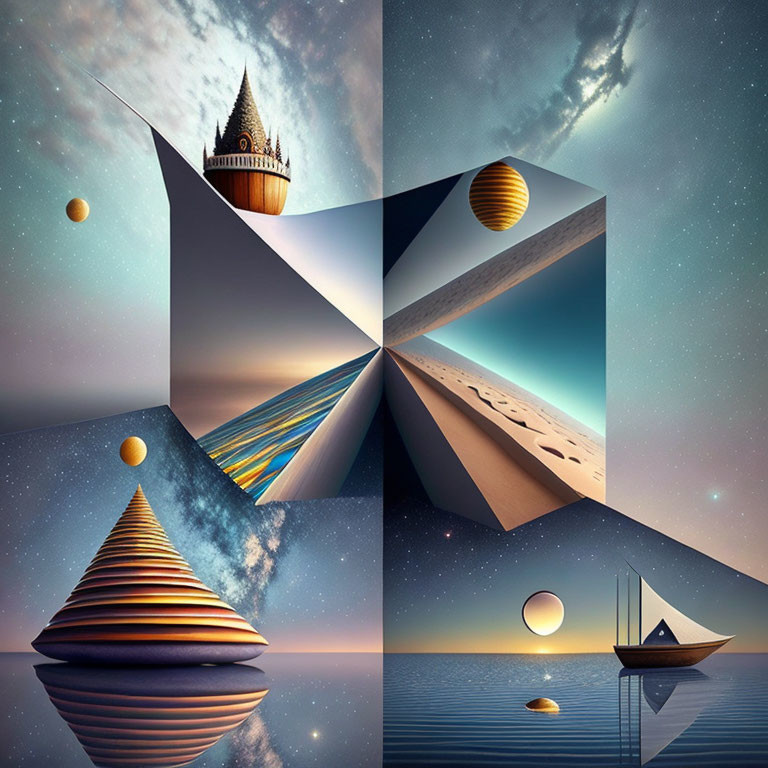 Surreal composite image with geometric shapes and contrasting scenes of architecture, celestial bodies, sailboat,