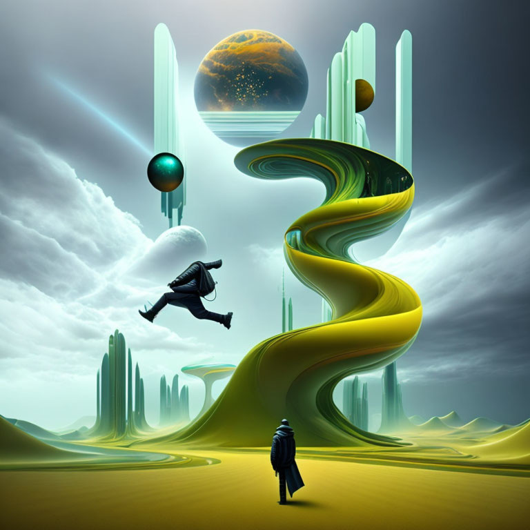 Surreal landscape with winding staircase, floating figure, futuristic structures, and large planet