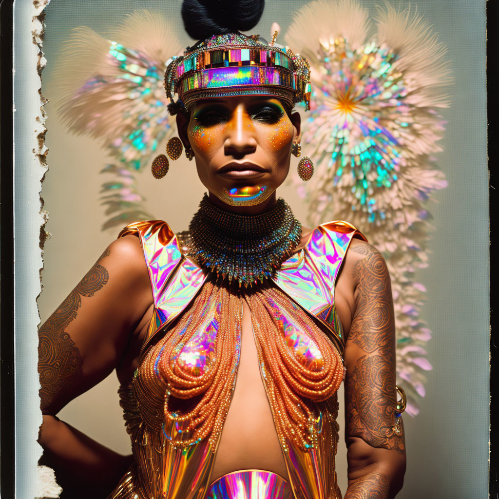 Colorful woman in carnival attire with intricate tattoos on arms against artistic backdrop