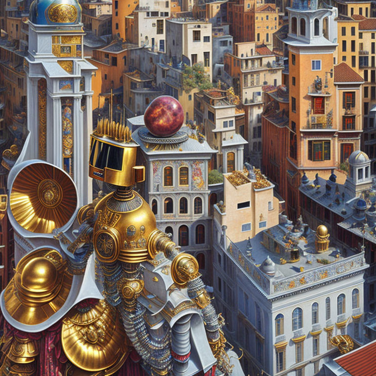 Surreal cityscape with giant armored knight and floating apple