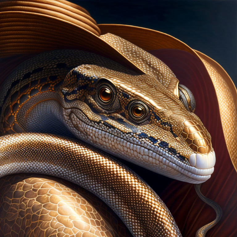 Detailed Close-Up Digital Artwork of Coiled Snake with Golden-Brown Scales