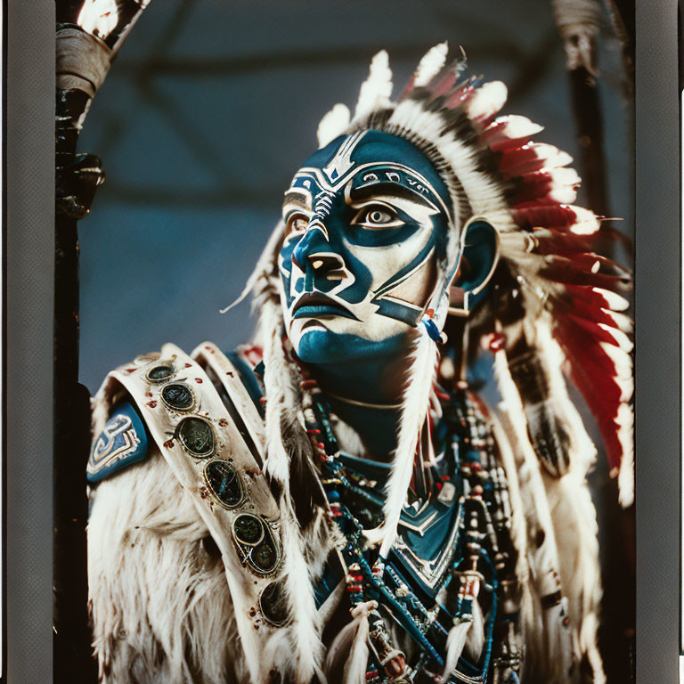 Elaborate Native American ceremonial attire with feather headdress and blue face paint