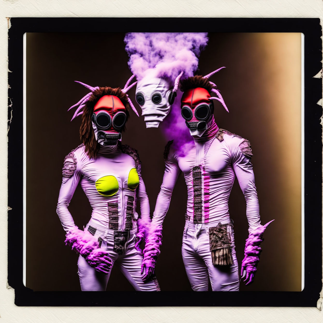 Two people in white bodysuits with alien masks and pink accents in dramatic pose.