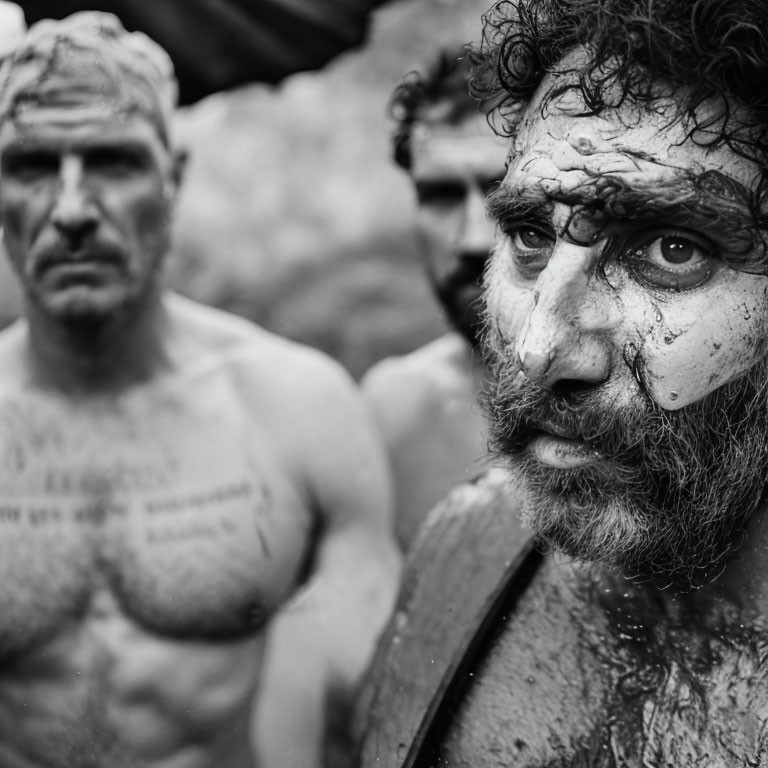 Monochrome image of three men in mud, one with focused intense eyes