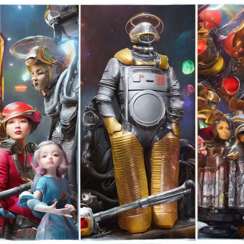 Colorful triptych of sci-fi astronauts, child, robots, and orbs in intricate composition