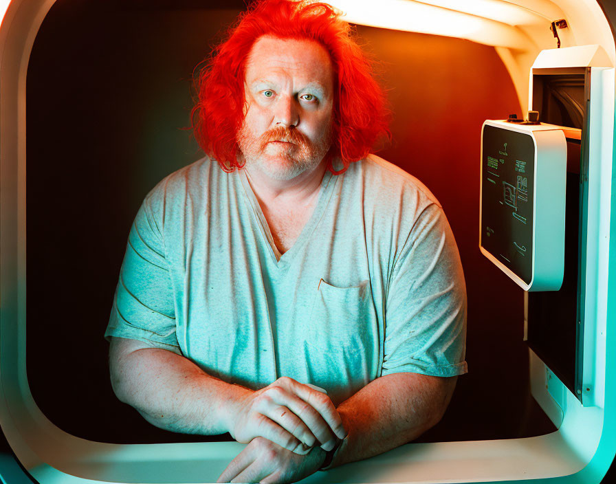 Bright Red-Haired Person Sitting in Medical Imaging Device with Serious Expression