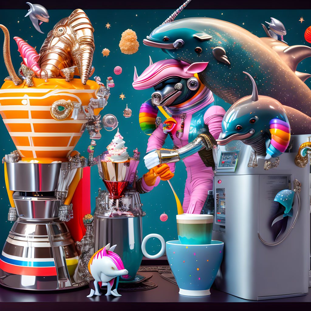 Colorful Cat Astronaut Pouring Drink Among Space Objects