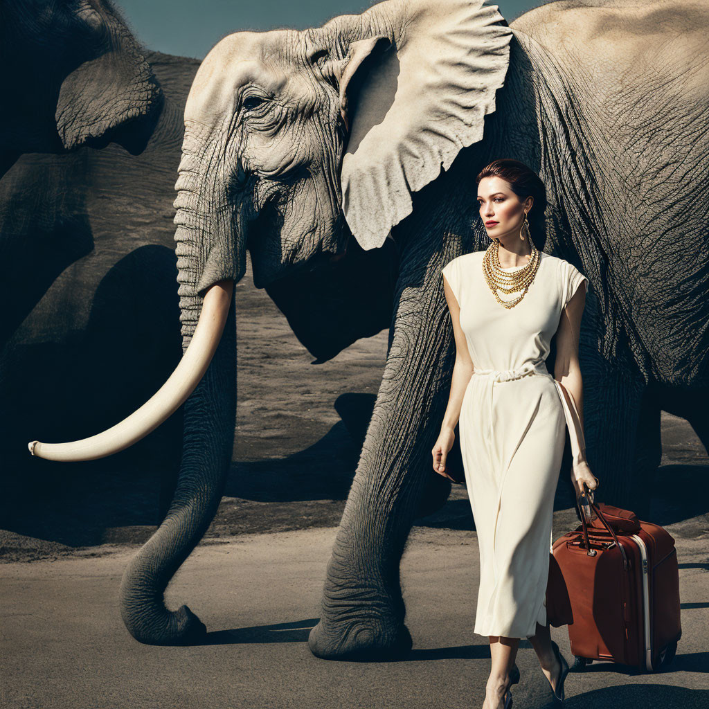 Stylish woman in white dress with elephant and suitcase portrait