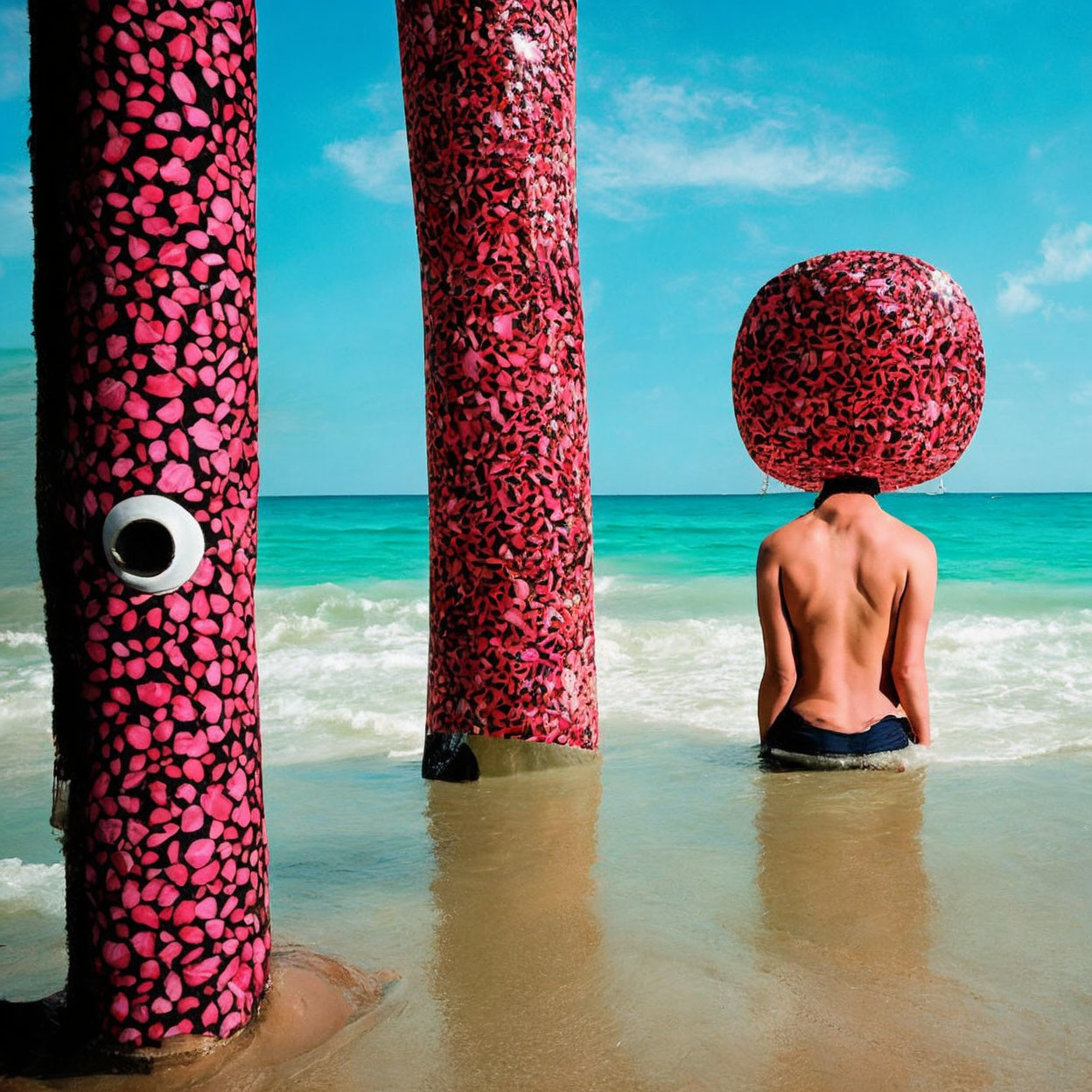 Person with pink lips-covered sphere by the sea and poles