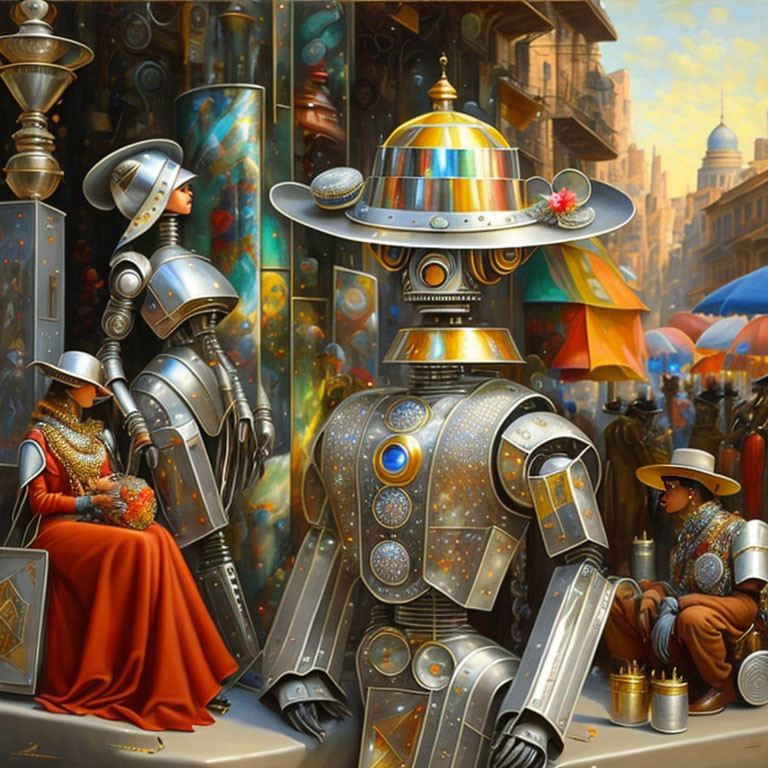 Colorful Retro-Futuristic Robot Knights in Renaissance-Inspired Cityscape