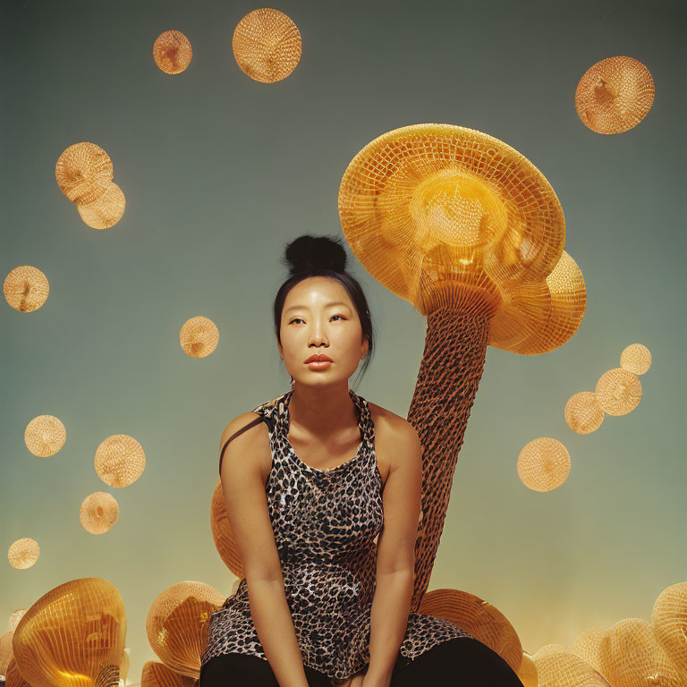 Woman under surreal giant orange mushroom in blue sky