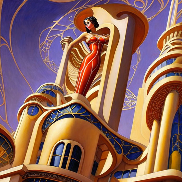 Stylized painting of woman in red dress on art nouveau architectural structure