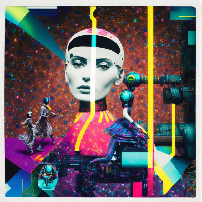 Futuristic collage with robotic female face and surreal elements