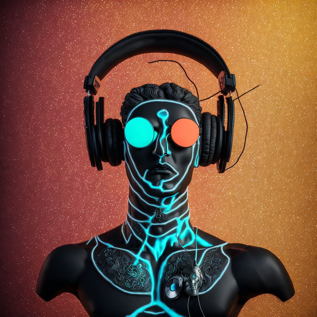 Mannequin with neon lines and headphones on orange background