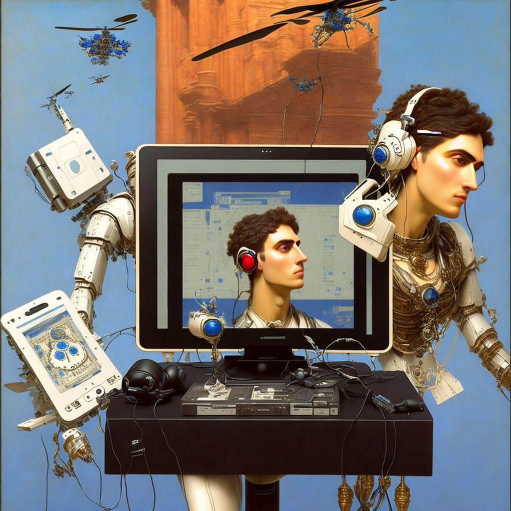 Surreal digital artwork: humanoid with robotic features and monitor head in tech and natural setting