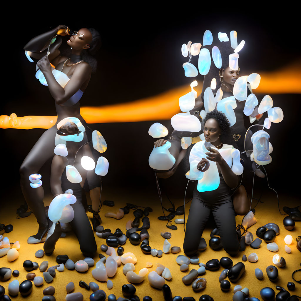 Four individuals with glowing sculptural forms in dimly lit setting